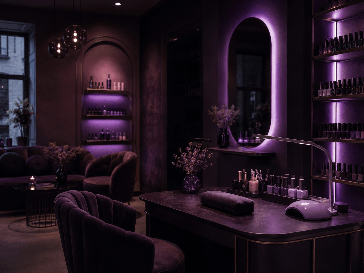 Kobiecy ciemny salon manicure w kolorze śliwkowym i lawendowym