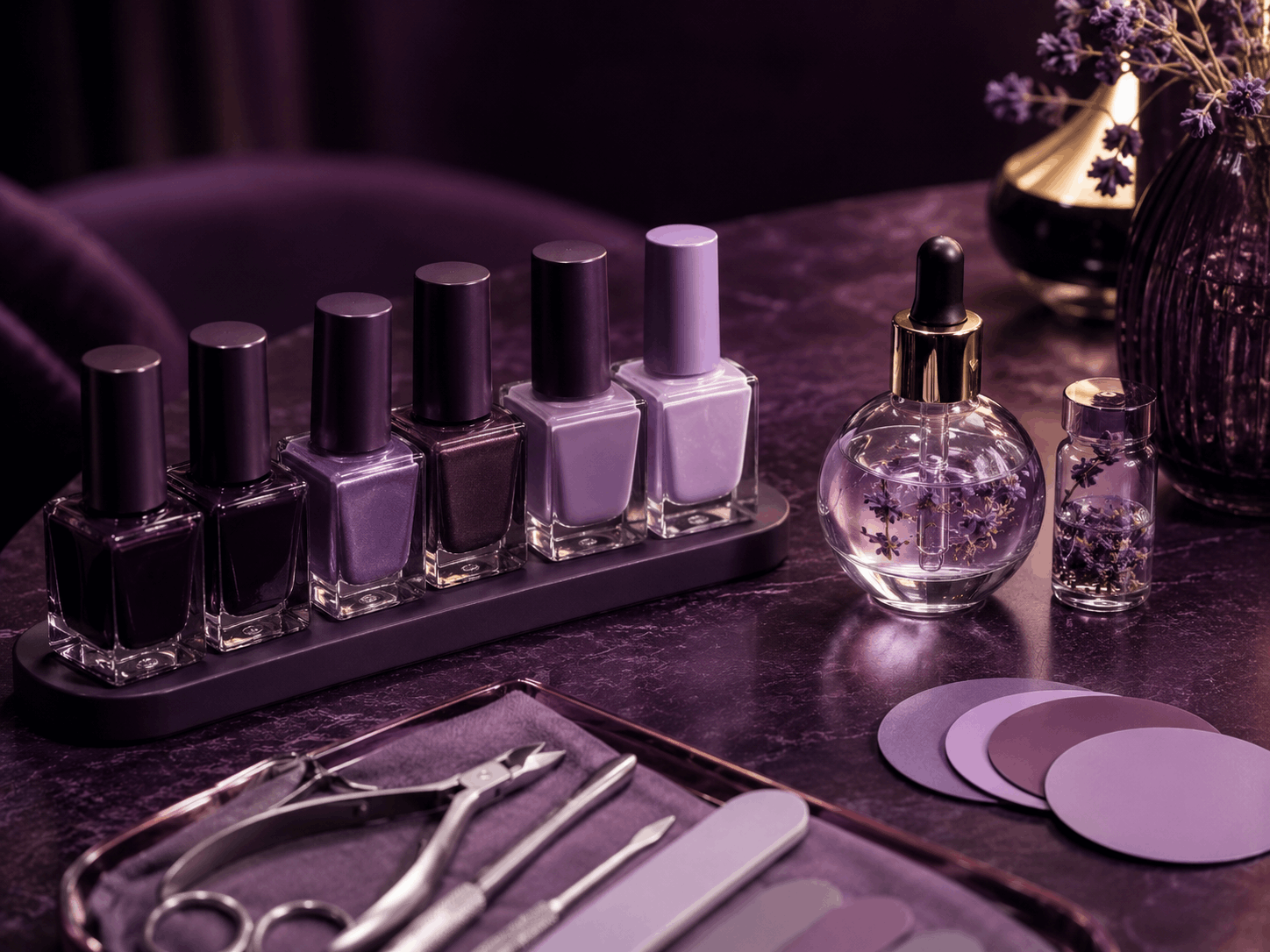 Lakiery, oliwka i narzędzia manicure na zaokrąglonej karcie w salonie